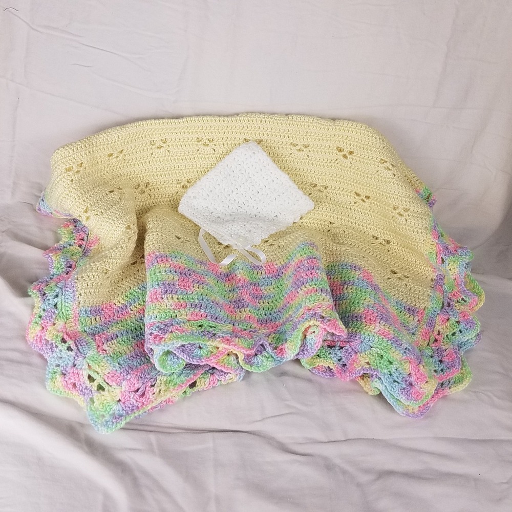 Handmade Crochet Blanket Hat Set Baby Yellow/mutli Pastel New Scalloped Knit